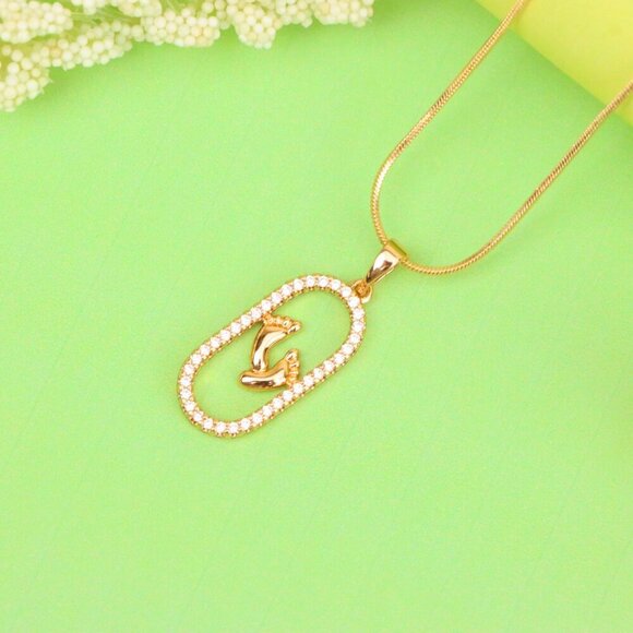 "Rose Gold Baby Feet Pendant in Sparkling Oval Frame with CZ Accents, XPPT1528 - Picture 3 of 13
